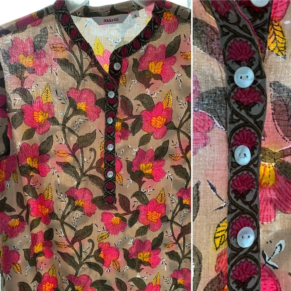 Akkriti 100% cotton floral blouse 3/4 sleeve, pink tan yellow - Picture 3 of 11